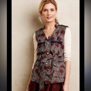 Anthropologie Elevenses Brown & Blue geometric quilted vest w/ Belt M $138
